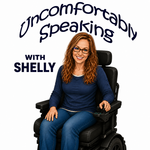 Uncomfortably Speaking with Shelly logo includes her using a power wheelchair.
